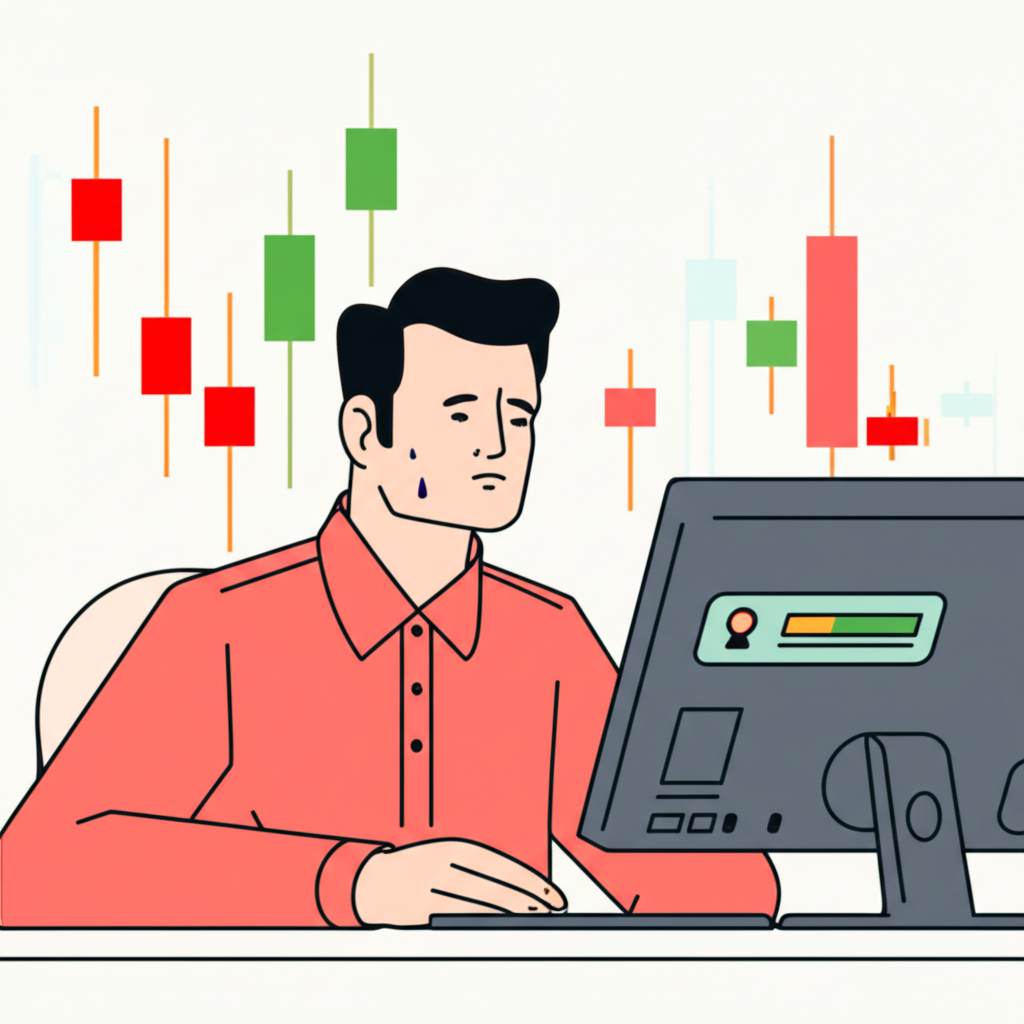 An illustration of a worried investor looking at an empty bank account on a computer screen with stock charts in the background a feeling of anxiety and uncertainty in a financial setting