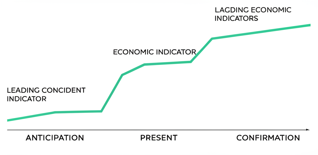 An illustration showing three distinct paths or timelines representing leading coincident and lagging economic indicators with a progression of economic activity from anticipation to present to confirmation