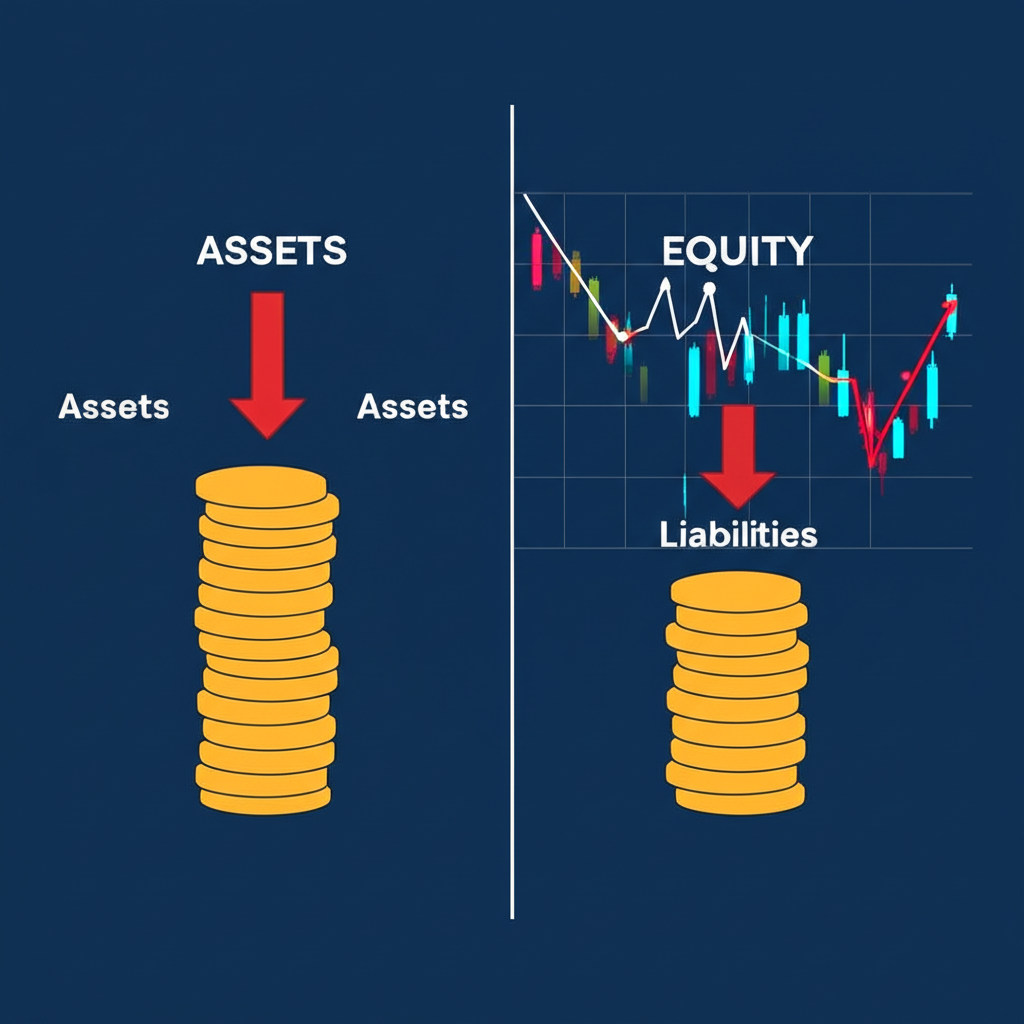公司資產減少與股價調整圖示：資產負債表顯示現金股利分配後資產減少、向下箭頭表示股價調整