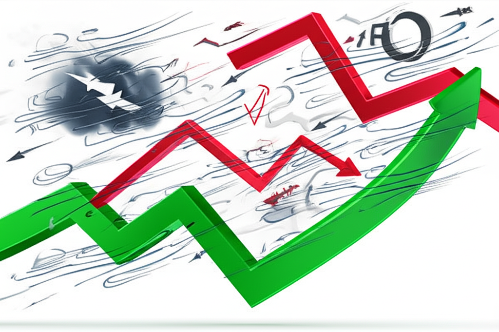 An illustration showing strong headwinds blowing against a stock market chart represented by a struggling upward arrow symbols of high inflation rising interest rates and economic recession fears floating in the air