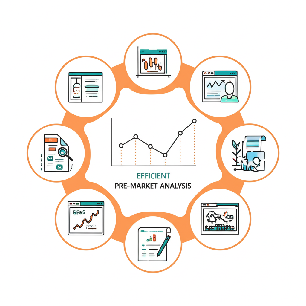 盤前分析八大核心要素圖示,環繞股市圖表代表全球市場、籌碼與技術分析
