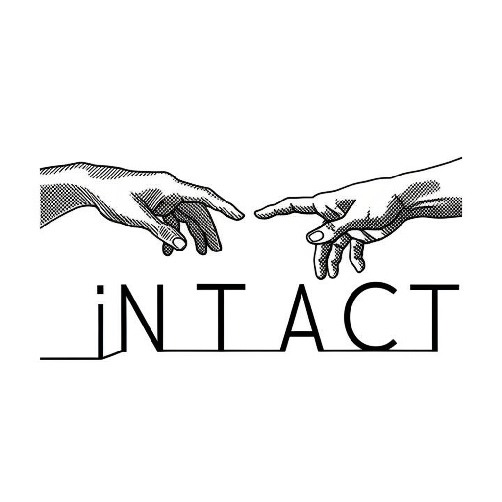 兩隻手伸向彼此但未觸碰,中間以 in 和 tact 字形成橋樑,象徵未觸及的原始完整