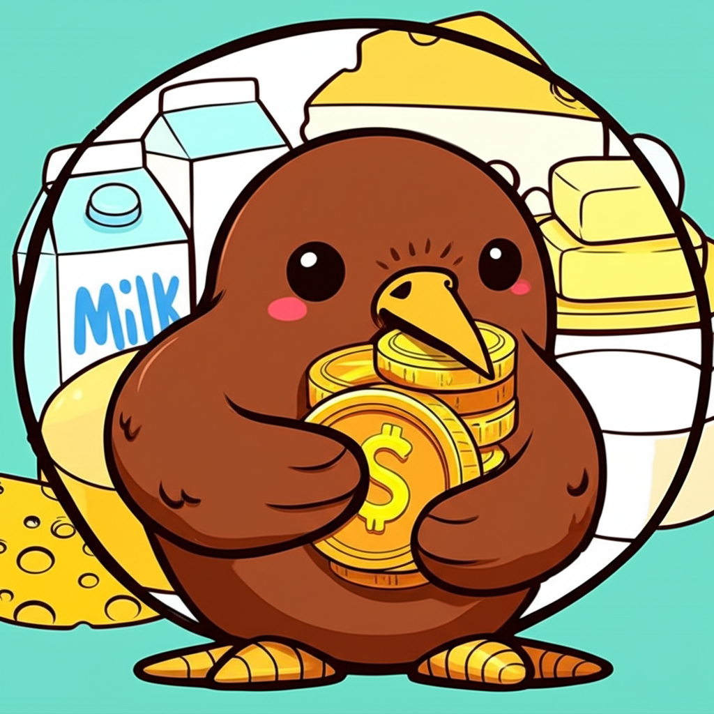 紐幣投資吸引力插圖：奇異鳥持幣與乳製品背景象徵穩定經濟與吸引人利率