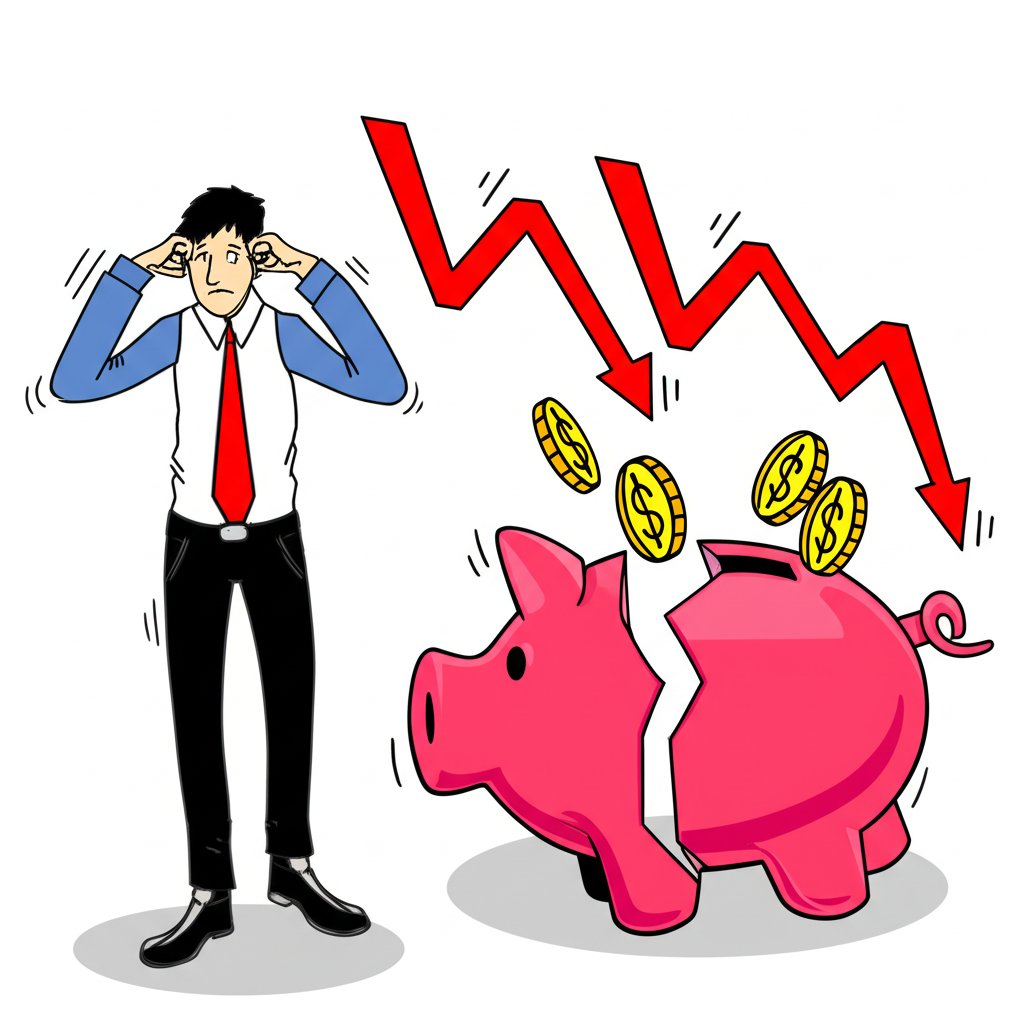 壓力下的投資人錯過付款期限:破損存錢罐與下跌股票圖表象徵財務違規