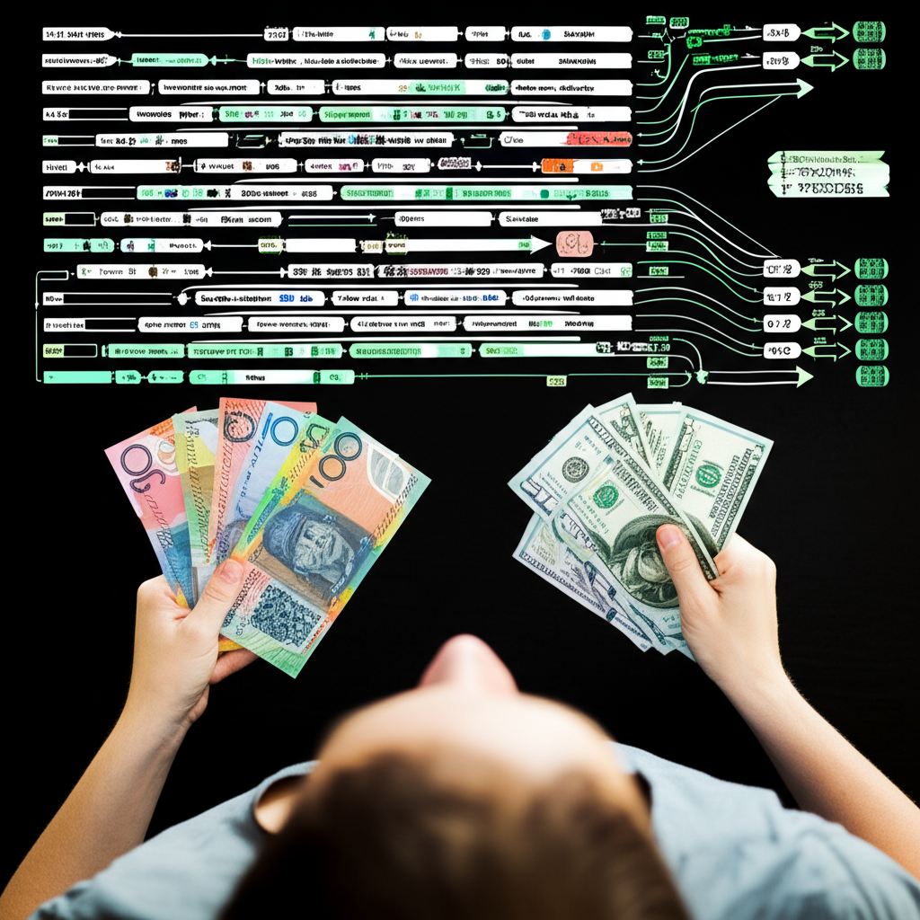 一個人手持澳幣和美金,觀看匯率決策樹的插圖