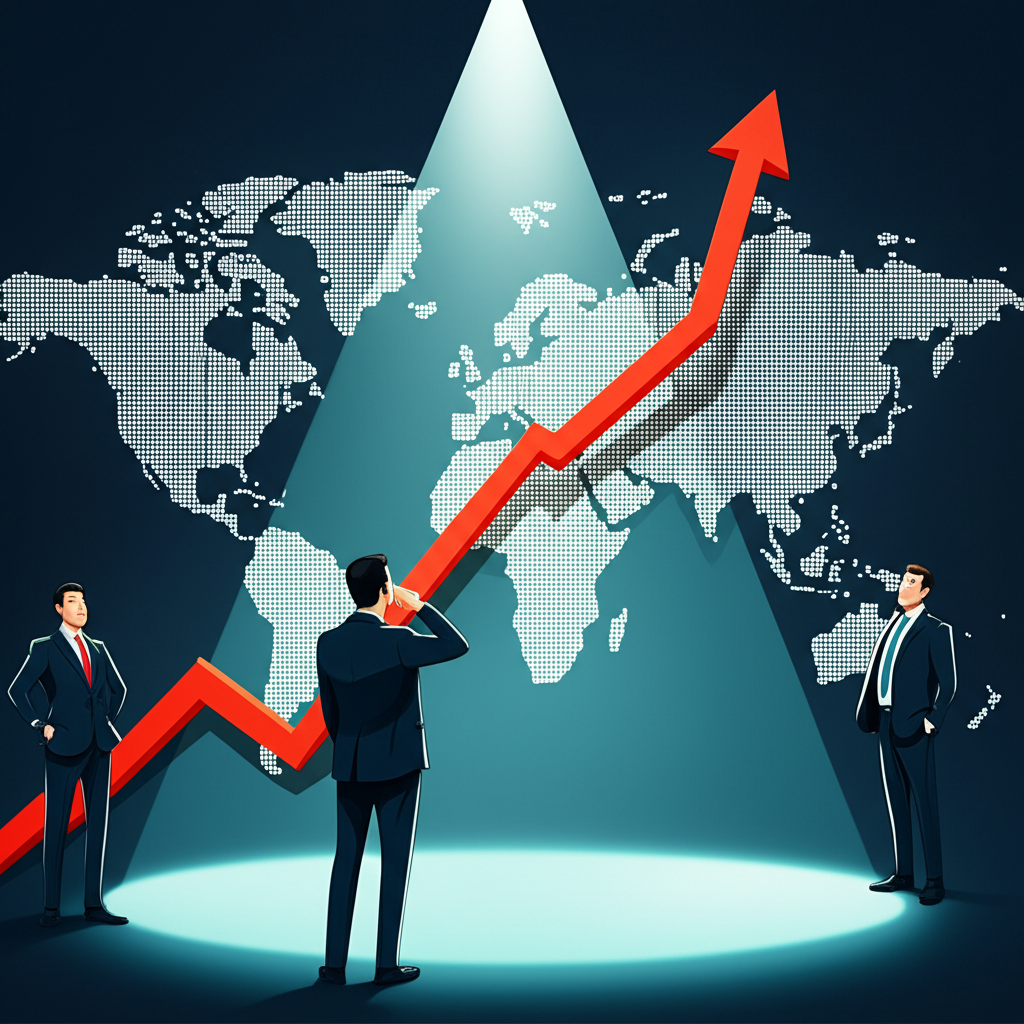 全球經濟景觀中美國CPI數據圖表呈現上升趨勢，周圍環繞著擔憂的投資者和央行官員，象徵全球關注與不確定性
