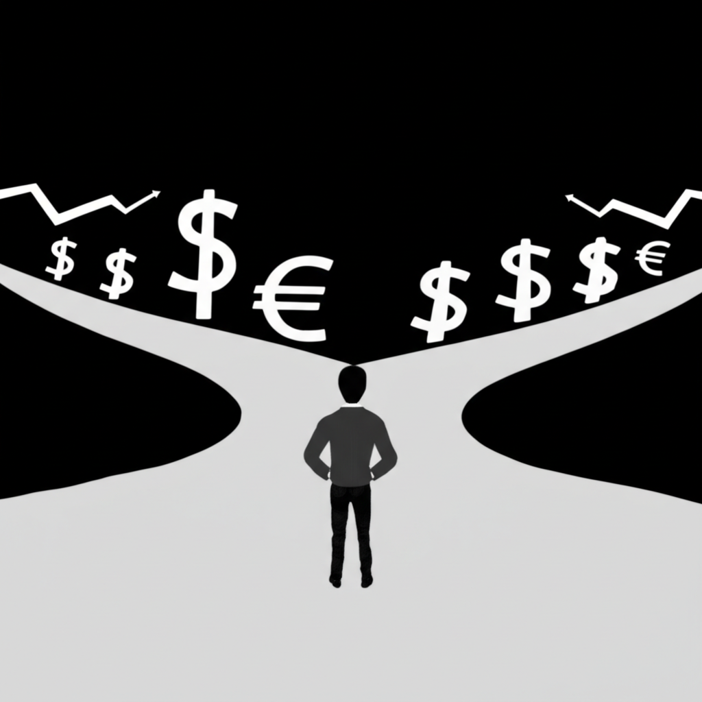 個人面對利率上升的財務十字路口,伴隨金錢符號與上升箭頭的挑戰與機會插圖