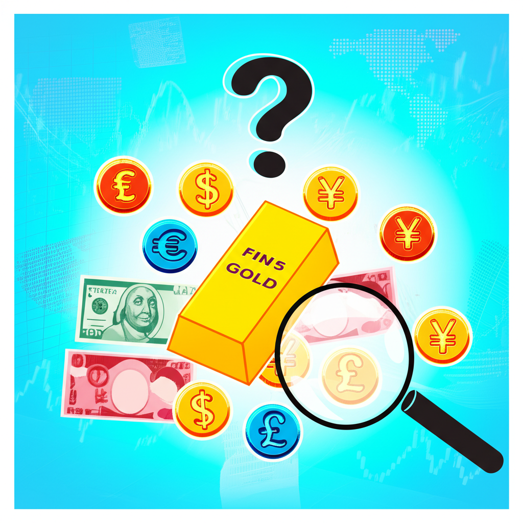 黃金投資決策的象徵圖,展示金條、周圍貨幣與經濟圖表