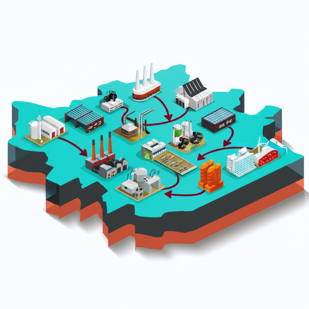 An illustration showing a map of a country with various production activities occurring within its borders emphasizing geographic scope and new value generation