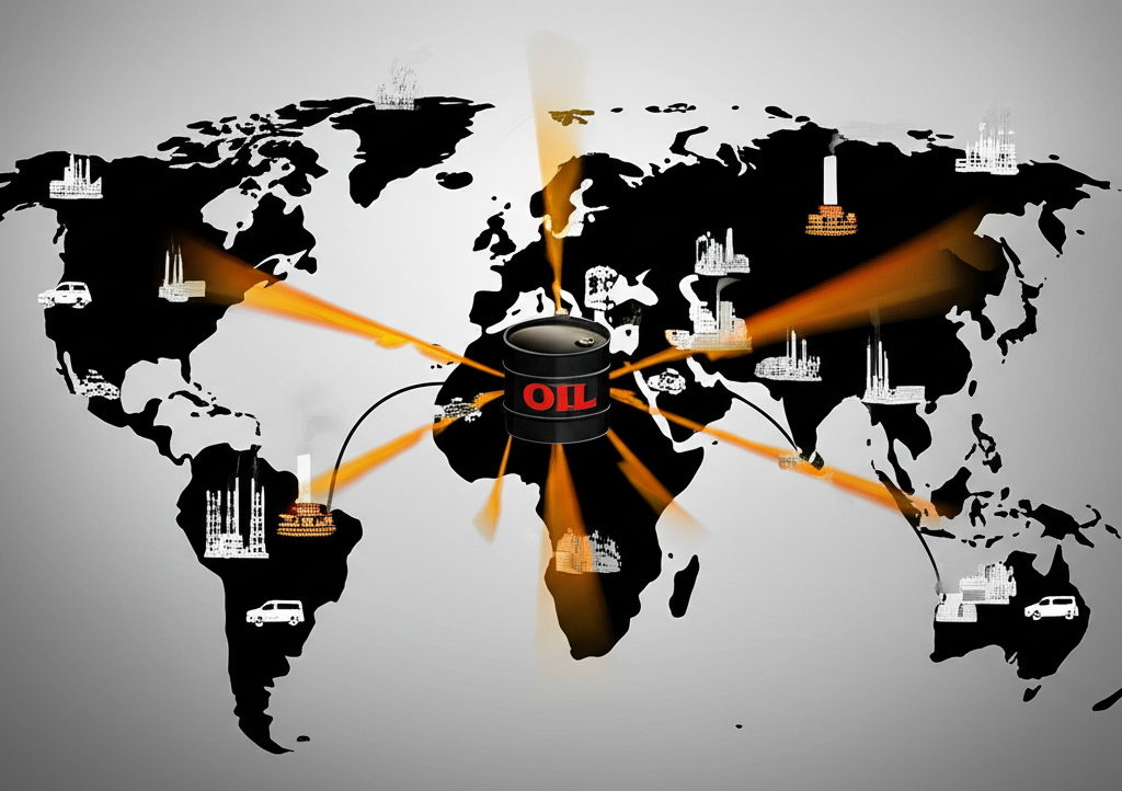 全球能源市場地圖中脈動的油桶,連接工廠與汽車,象徵布蘭特原油對日常生活與經濟的影響