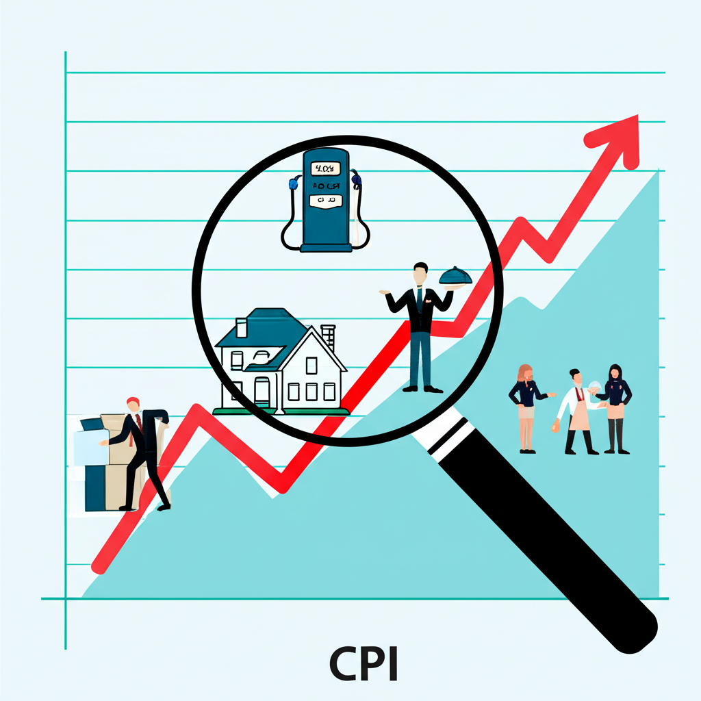 放大鏡檢視住房、汽油泵和服務業工人等元素，共同推動通膨上升圖表，代表CPI關鍵驅動因素