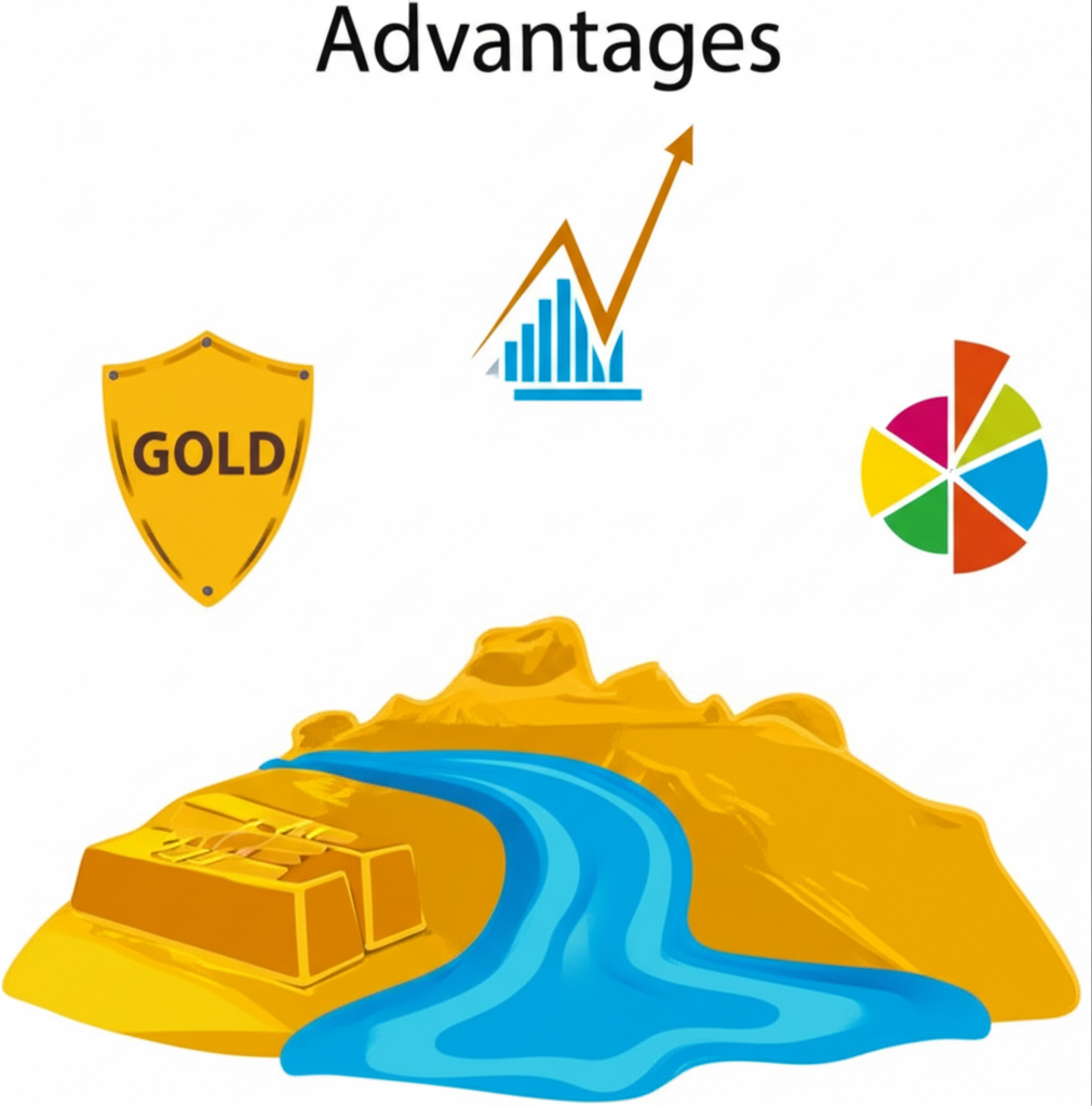 黃金投資五大優勢圖示,包括避險盾牌、抗通膨圖表與風險分散餅圖