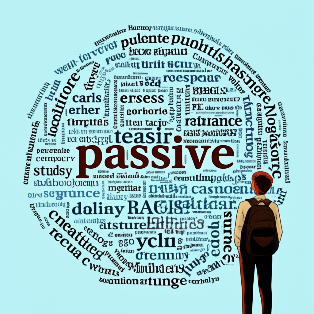 一位學生在複雜的語言景觀中探索單詞和語法概念,以 'passive' 為中心,象徵全面的學習之旅