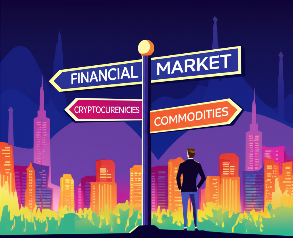 投資者站在金融市場十字路口,箭頭指向加密貨幣、股票和大宗商品,象徵新手投資選擇的起點