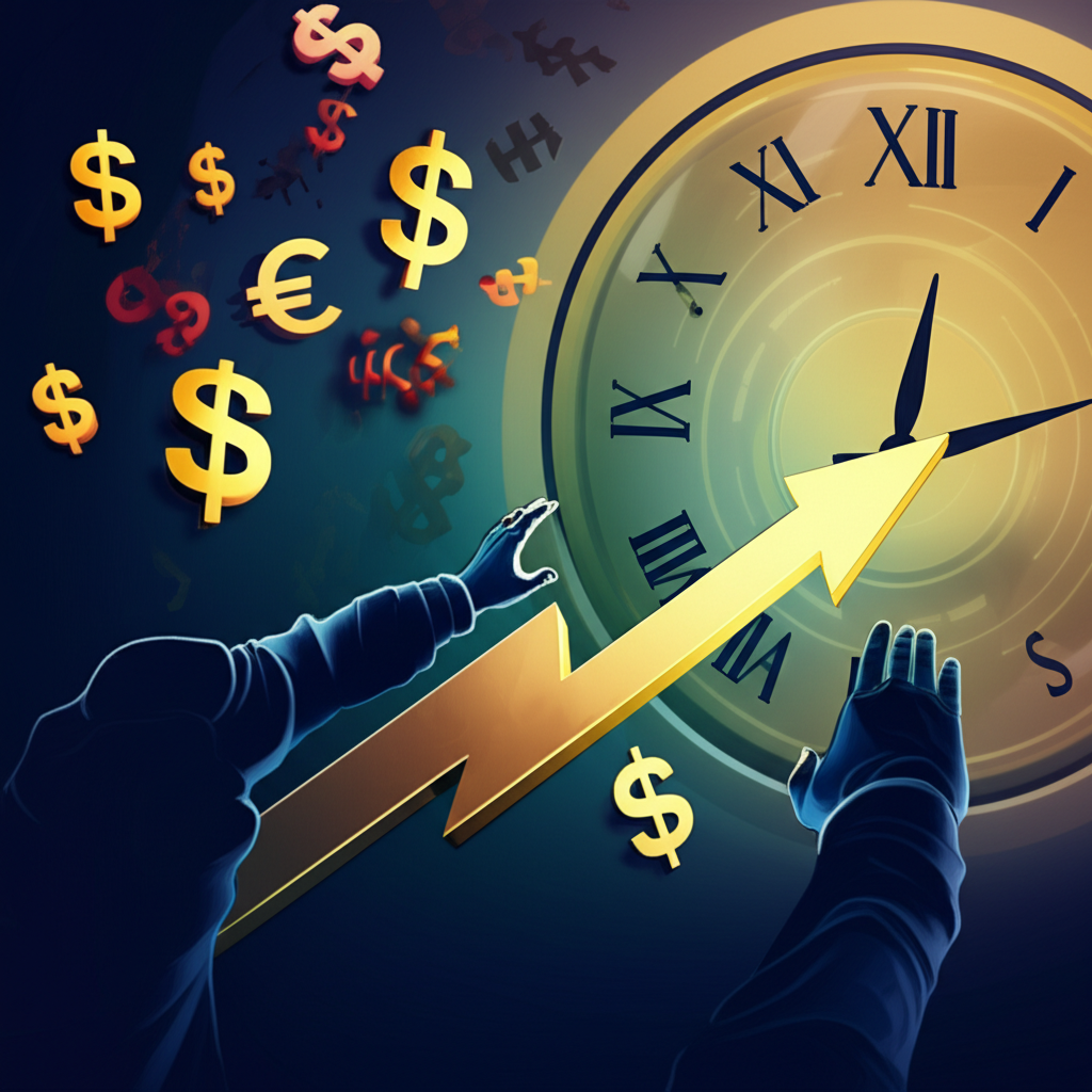 金融市場中抓住短暫機會的插圖,伴隨金錢符號與時鐘,強調短期獲利與高風險