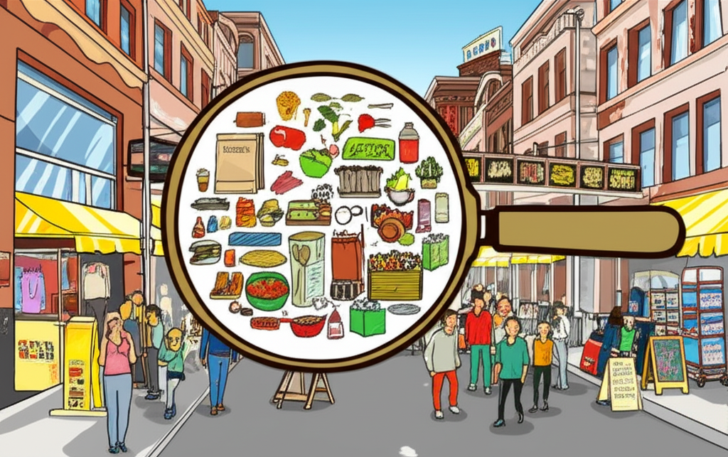 核心CPI概念圖示：繁忙城市街道象徵消費者價格，放大鏡聚焦基礎經濟穩定與通膨壓力