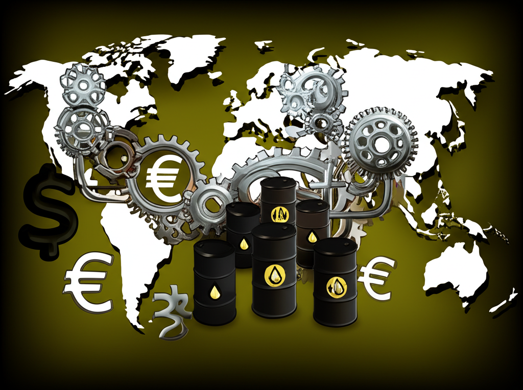 Oil barrels connected to a global economic map with gears and money symbols representing its core role in industry and daily life illustration
