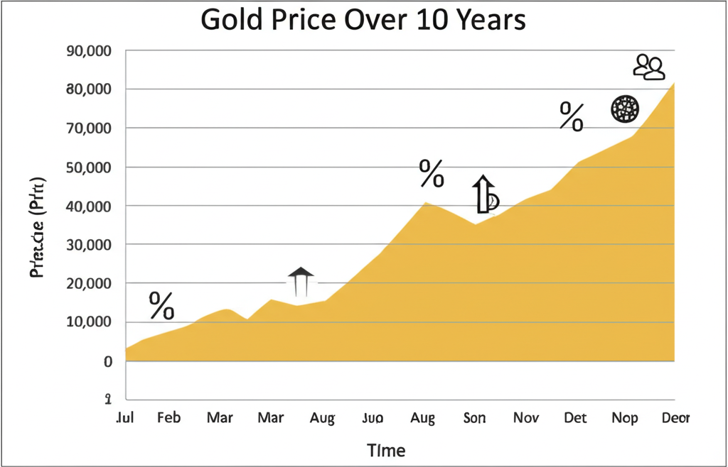 十年黃金價格波動圖表,顯示關鍵數據點與經濟指標影響
