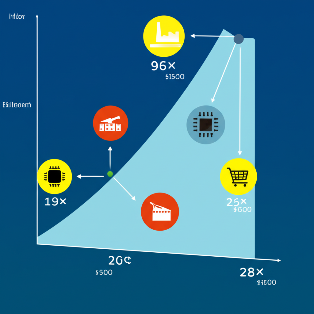 An illustration depicting the price weighted calculation method of the Nikkei index with various company stock prices influencing a large scale financial graph reflecting industry representativeness and market impact
