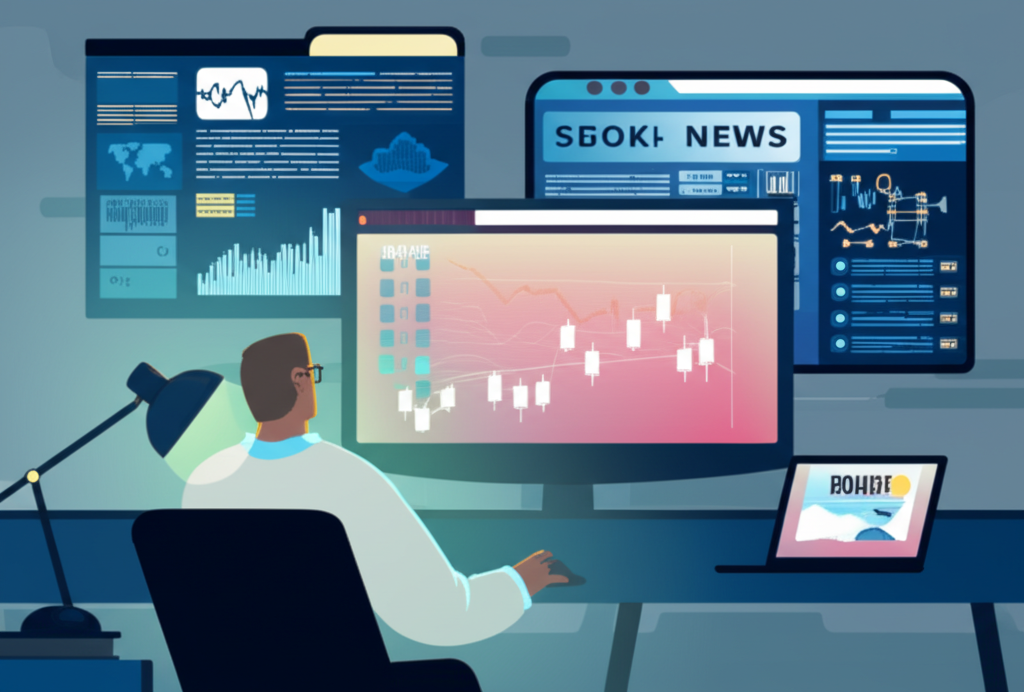 投資人分析財務新聞與圖表準備盤前股票交易示意圖