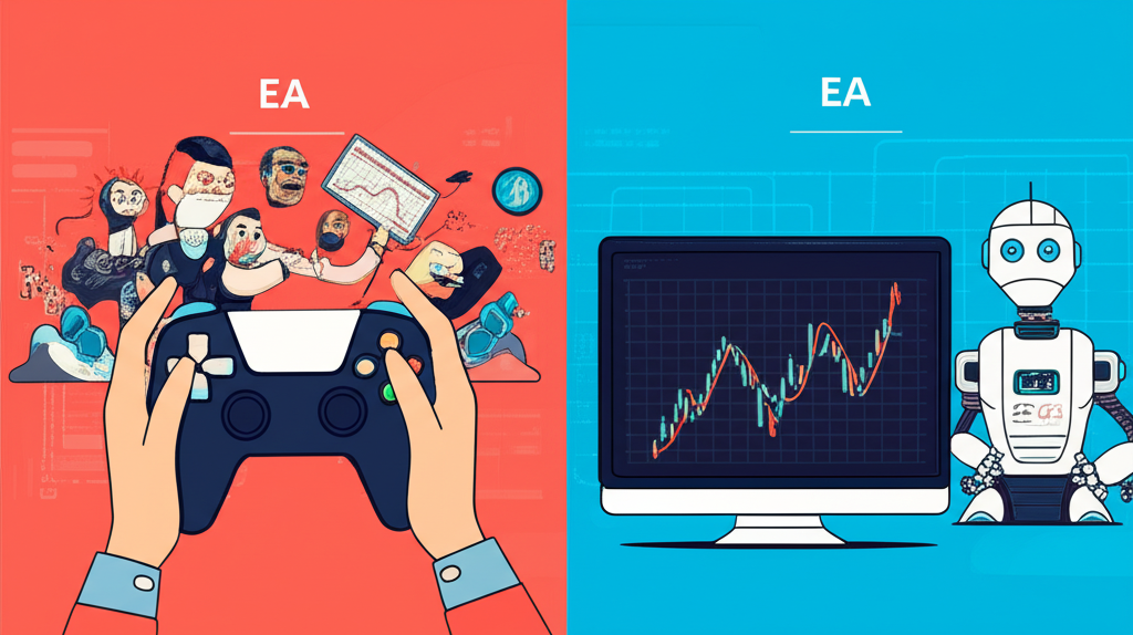 兩個分隔面板,一邊是遊戲控制器與角色,另一邊是金融圖表與交易機器人,代表EA的兩大主要含義插圖