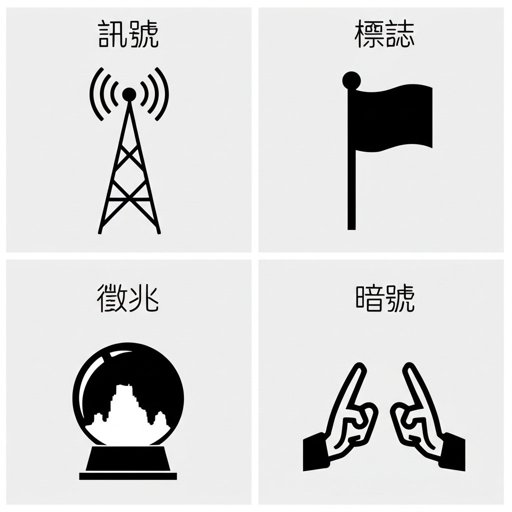四個面板展示 Signal 名詞意義:無線電塔發射波代表訊號、白旗為標誌、水晶球預示未來為徵兆、兩人手勢交換為暗號