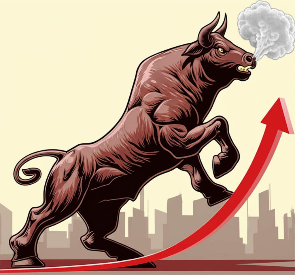 一頭強壯的公牛向上衝刺的插圖,象徵資產價格上漲與金融市場的持續上升趨勢