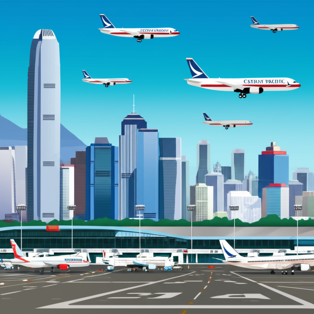 An illustration of Hong Kong's vibrant skyline with Cathay Pacific airplanes taking off and landing at an international airport symbolizing a global aviation hub illustration style