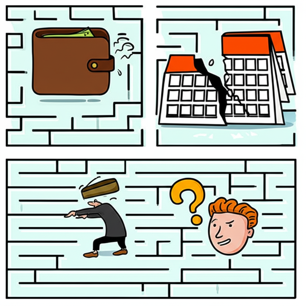 投資人面對資金不足的迷宮障礙:空錢包、困惑表情與破損日曆象徵違約原因