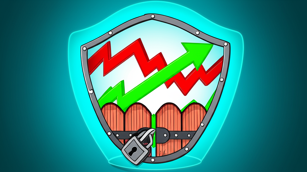 保護盾牌覆蓋波動股市,帶來平靜效果,代表市場穩定與投資人保護,但也像鎖門象徵流動性限制