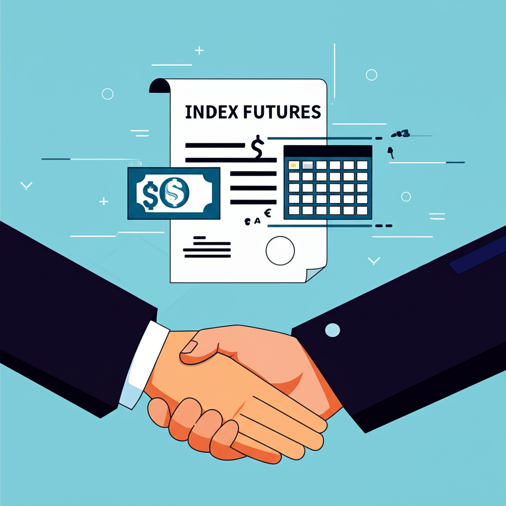 雙手握手象徵指數期貨數位合約,曆法圖示未來日期,貨幣符號顯示平倉價差