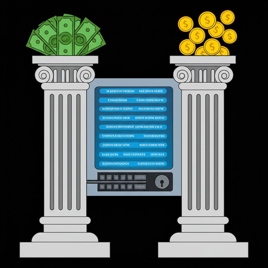 M0組成要素的兩大支柱插圖,一側為現金與硬幣,另一側為數位金庫中的銀行準備金,形成金融體系基礎