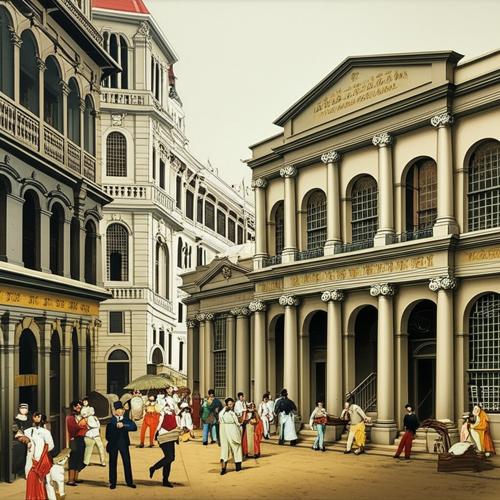 十九世紀香港街道場景,舊式股票交易所建築與人們交易股票,代表起源歷史