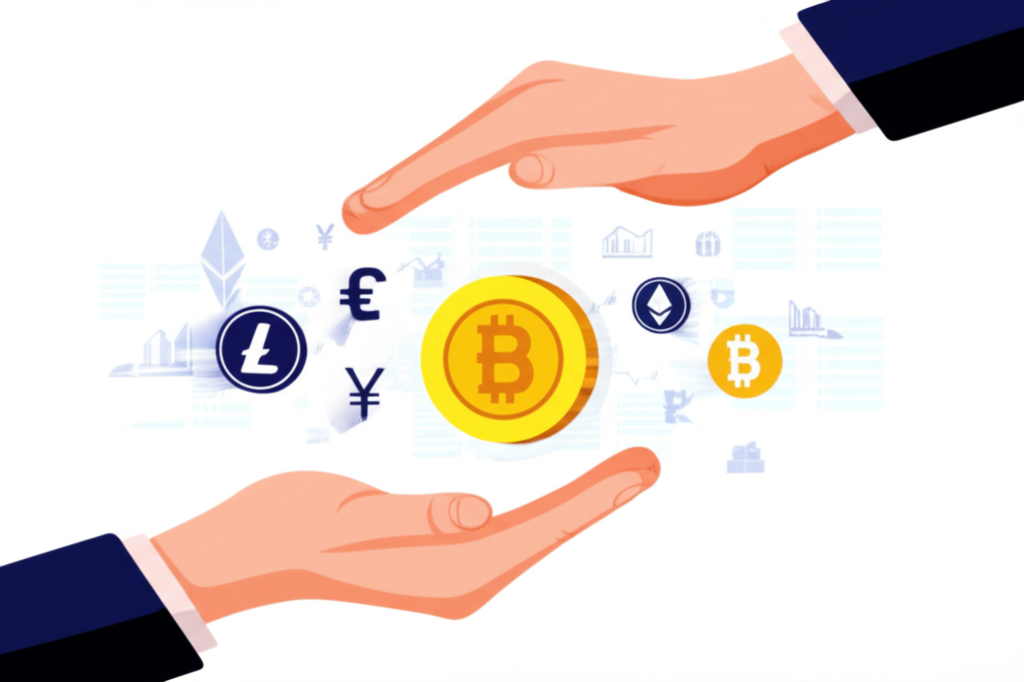 雙手交換硬幣,象徵現貨交易中資產即時轉移與支付結算,周圍浮現股票、外匯、大宗商品和加密貨幣圖標