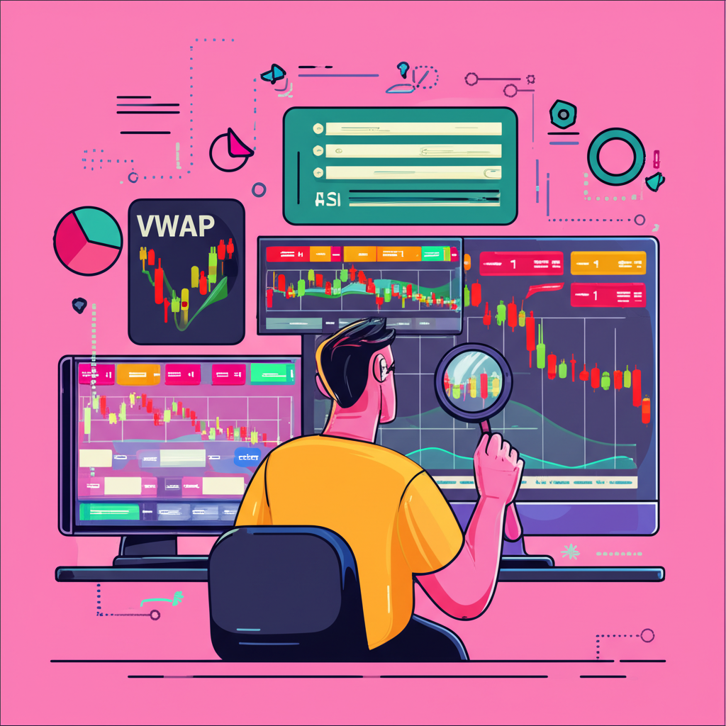 交易者分析多張股價圖表,使用VWAP、RSI、布林通道等指標,放大高成交量與窄價差股票