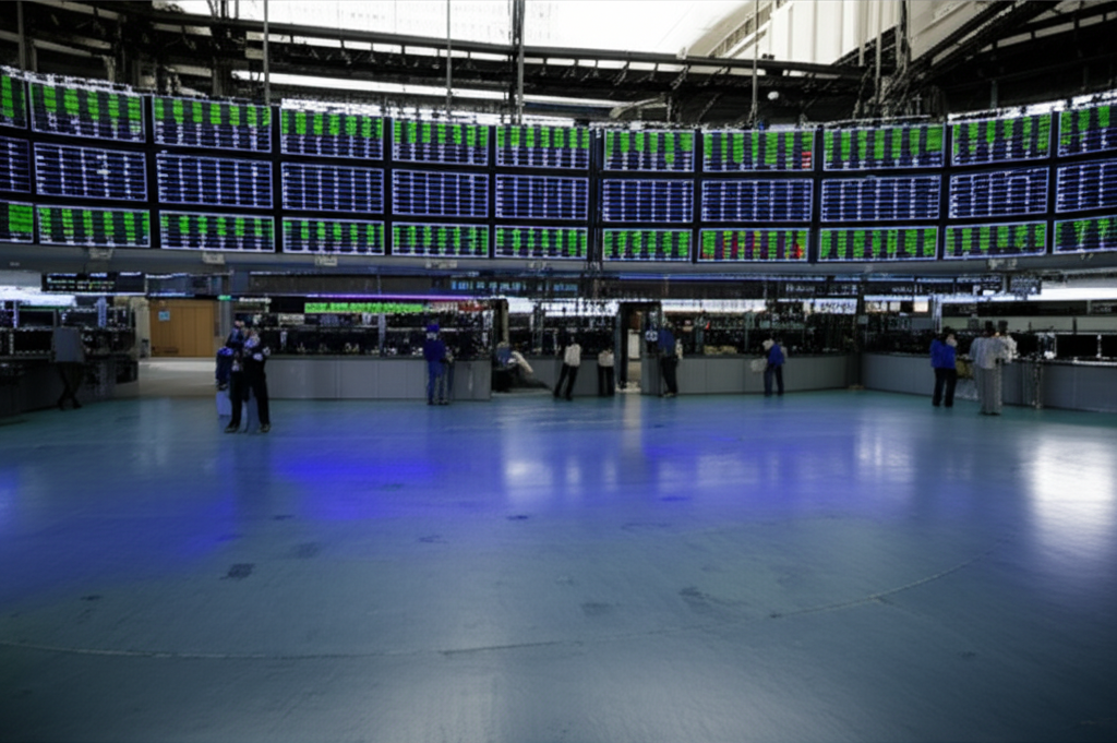 盤後交易流動性不足圖示,空蕩蕩的交易大廳與停滯圖表代表低活躍度