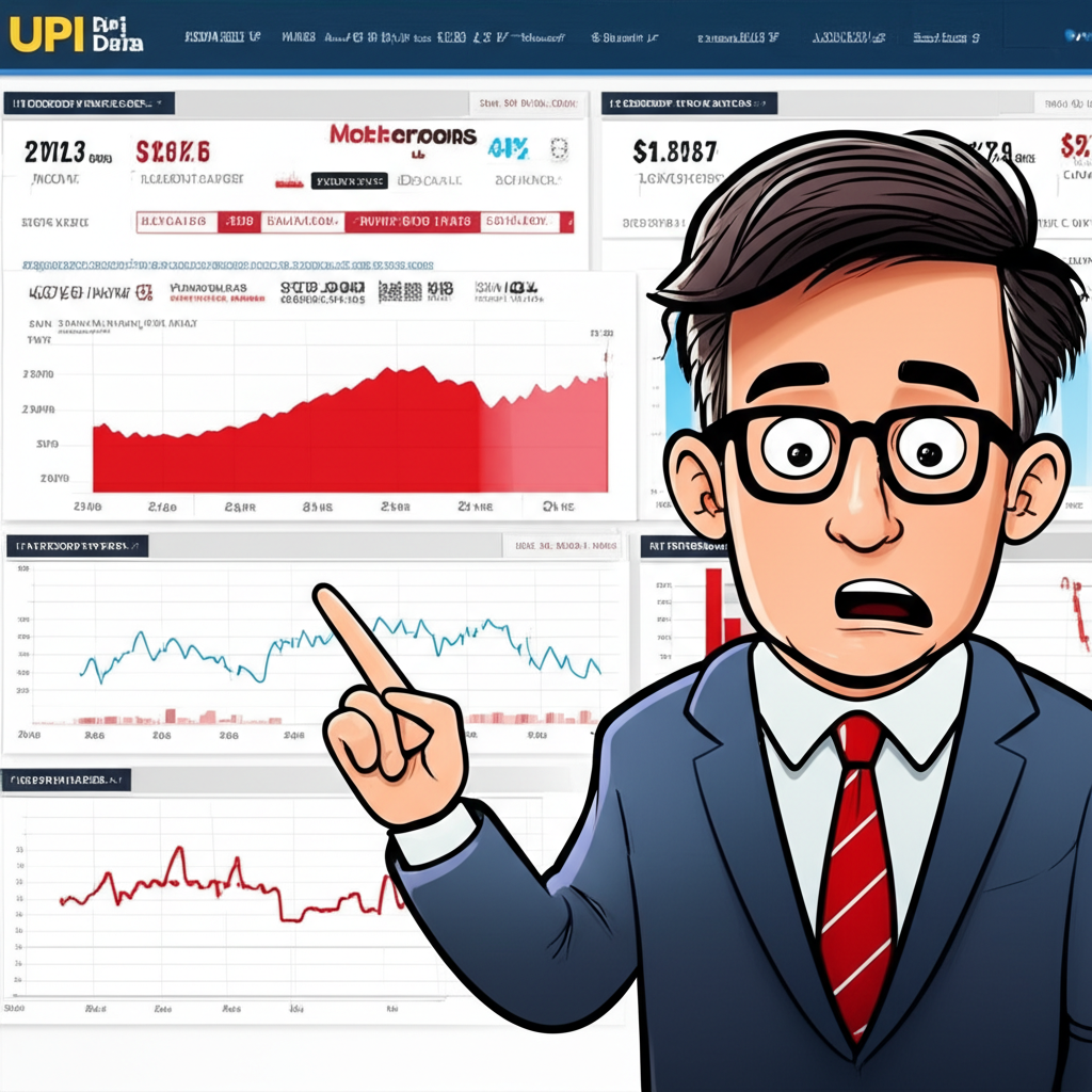 美國CPI數據的財務儀表板顯示各種經濟指標，意外的高數字以紅色強調，一位經濟學家驚訝地指向圖表