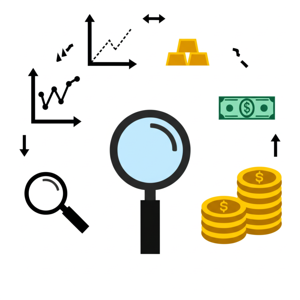 CFD交易儀表板圖示,顯示股票、黃金、貨幣等標的資產、買賣價差、槓桿放大鏡與保證金幣堆