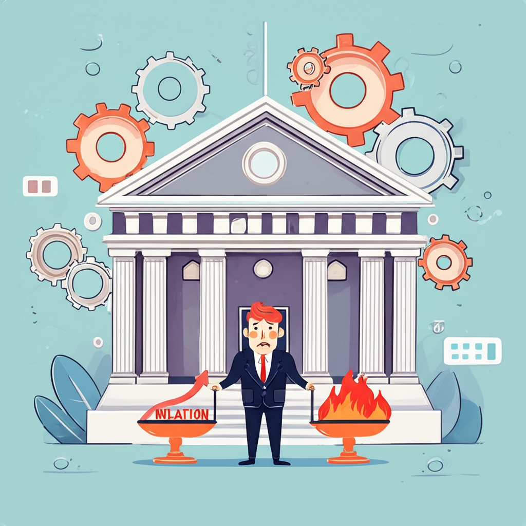 加拿大央行建築與利率通膨齒輪的軟色調插圖,央行官員平衡經濟成長與通膨的天平
