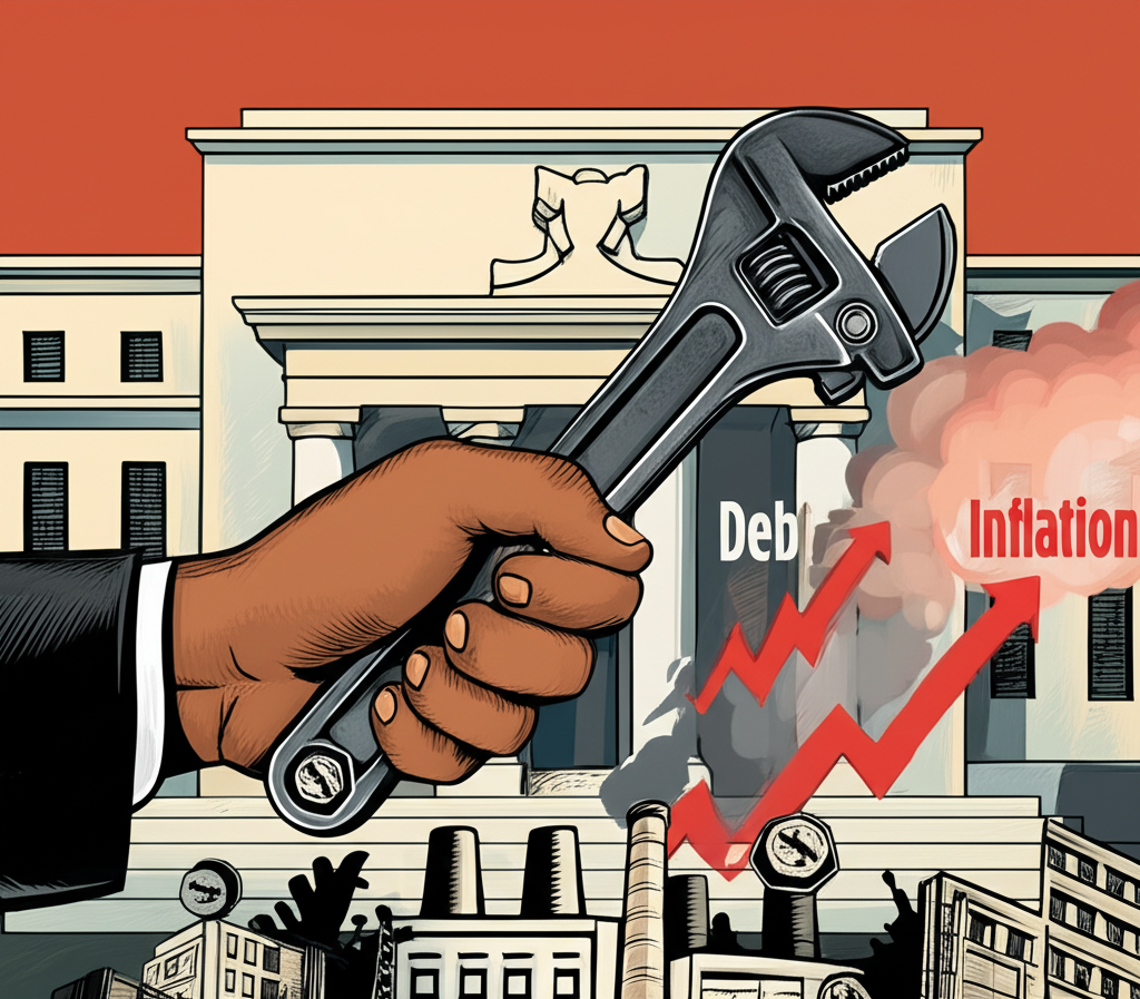 An illustration of the Federal Reserve building with a giant hand holding a wrench tightening screws on a struggling economy depicted by a factory emitting high inflation smoke and businesses with rising debt graphs