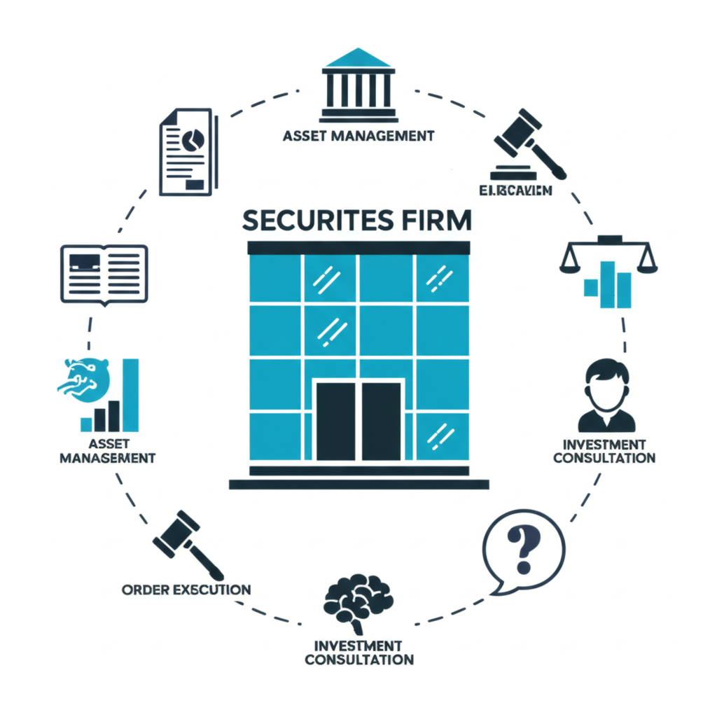 證券商周圍環繞多樣金融服務圖標,代表其在執行訂單、資產管理和投資諮詢的角色