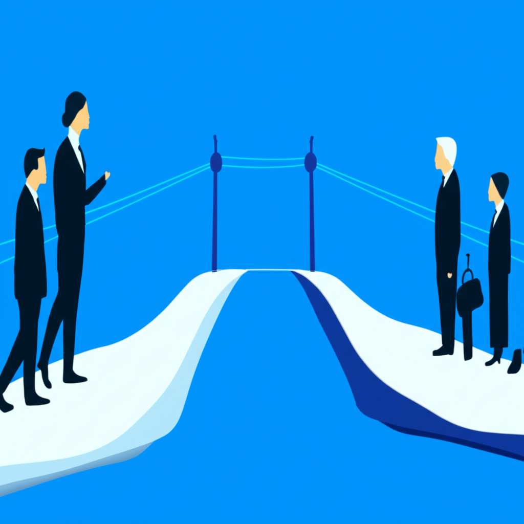 專業經紀人透過橋樑連結雙方,象徵現代商業中的價值創造與協調