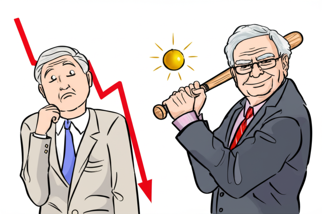 擔憂投資人盯著下跌股價圖表,對比平靜微笑的華倫.巴菲特握棒準備擊出金色球體的插圖