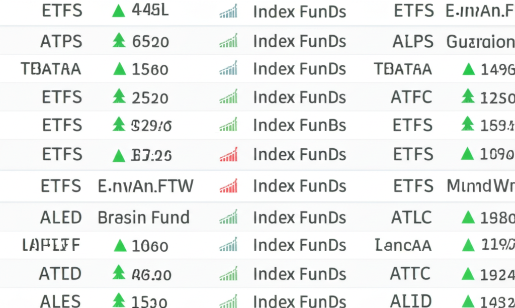 A digital screen displaying various ETFs and index funds symbolizing diversified portfolios and market tracking illustration