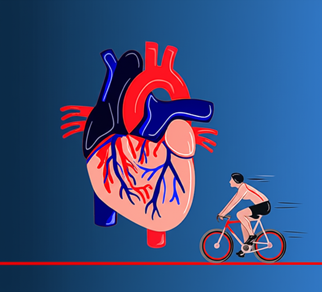活力四射的人類心臟透過動脈和靜脈強勁泵血,前景中有人騎腳踏車從事有氧運動