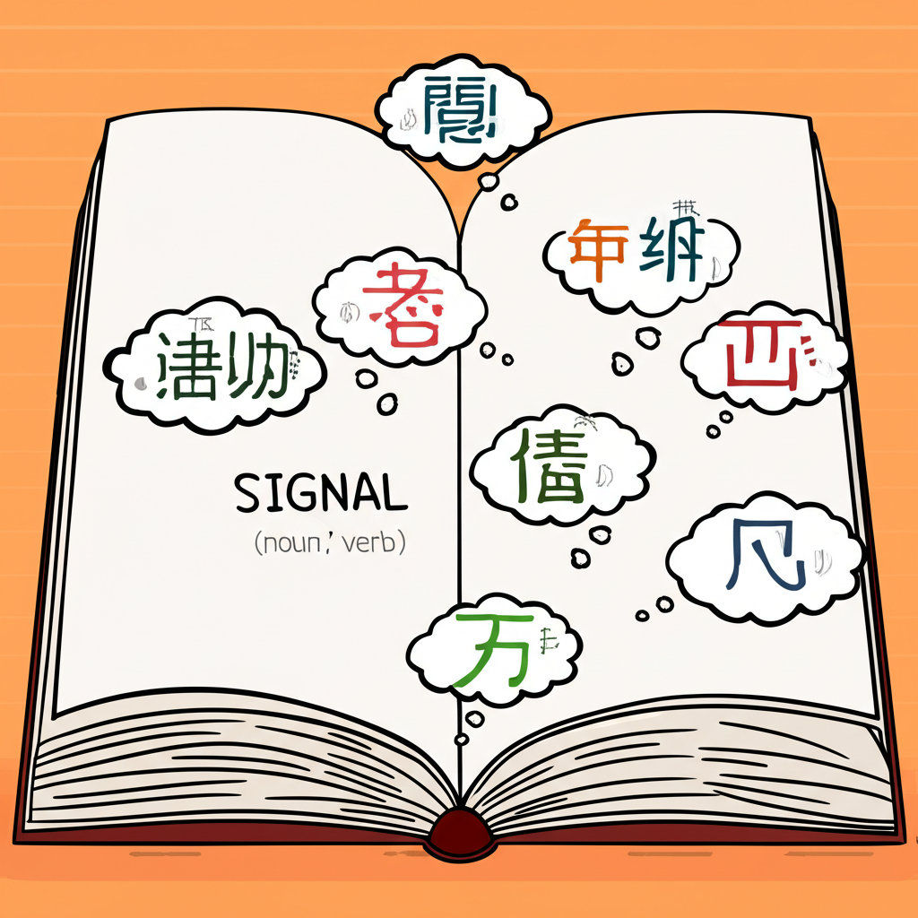 字典頁面顯示 Signal 詞彙,周圍思想泡泡呈現不同中文字符和符號,反映名詞與動詞的多樣意義