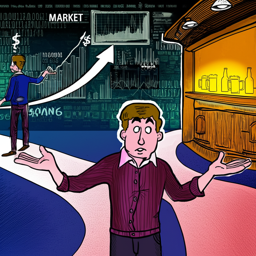 一個人困惑於兩條不同道路,一條通往充滿圖表與數據的金融市場,另一條通往擺滿啤酒瓶的酒吧,象徵「一手」含義的模糊性