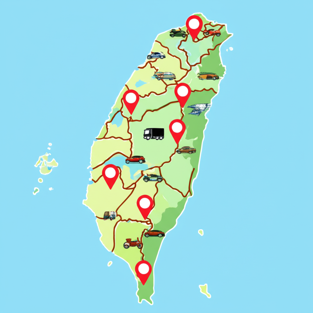 台灣地圖標示北海加油站位置,多樣車輛駛向站點,展現便利服務