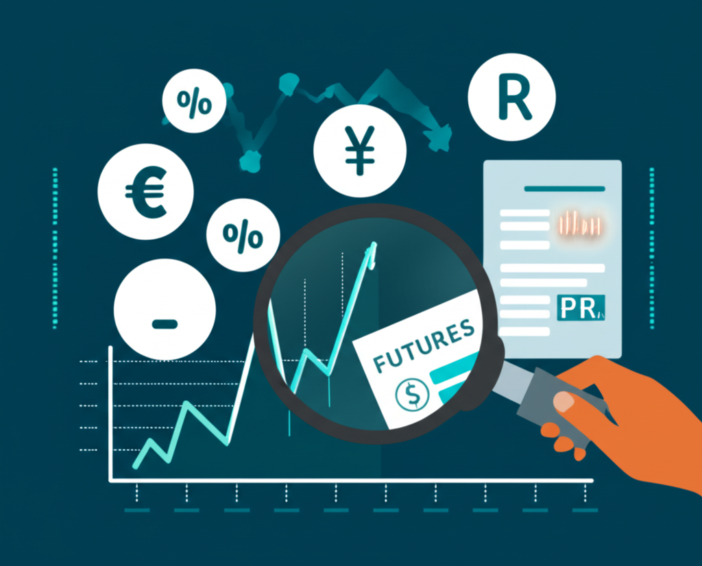 放大鏡檢視金融符號如股票圖表、貨幣和期貨合約,代表金融市場關鍵指標與貼水概念的生動場景