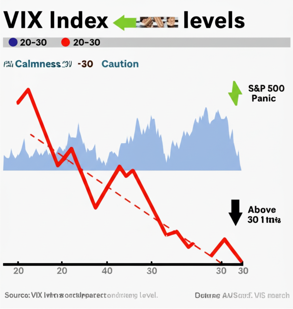VIX index levels below 20 20-30 and above 30 indicating market calmness caution and panic with a negatively correlated S&P 500 chart